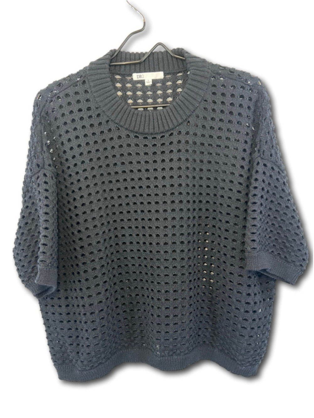 Dr2 Short Sleeve Sweater Crochet Top Open Knit Pattern Navy Blue Women’s Size L
